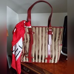 Brown striped tote +silk scarf